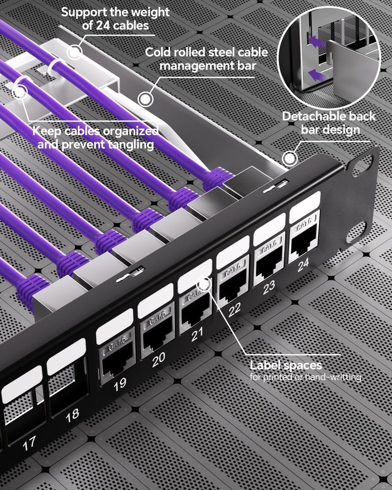 VCELINK 24-Port All Metal Blank Keystone Shielded Patch Panel, 1U Rackmount Housing with Cable Management Bar and Ground Wire, Compatible with RJ45, HDMI, and Blank Keystone, 19 Inch - Image 3